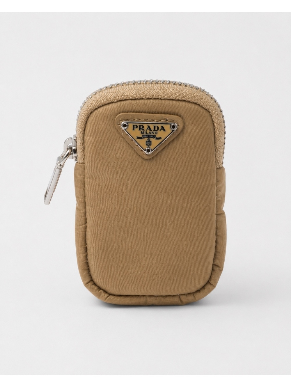 Prada Tessuto Nylon Mini Pouch Keychain Bag Charm Beige Tan Silver
